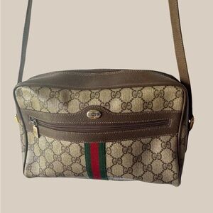 Gucci Beige/Brown GG Canvas Crossbody with Green-Red Web Stripe